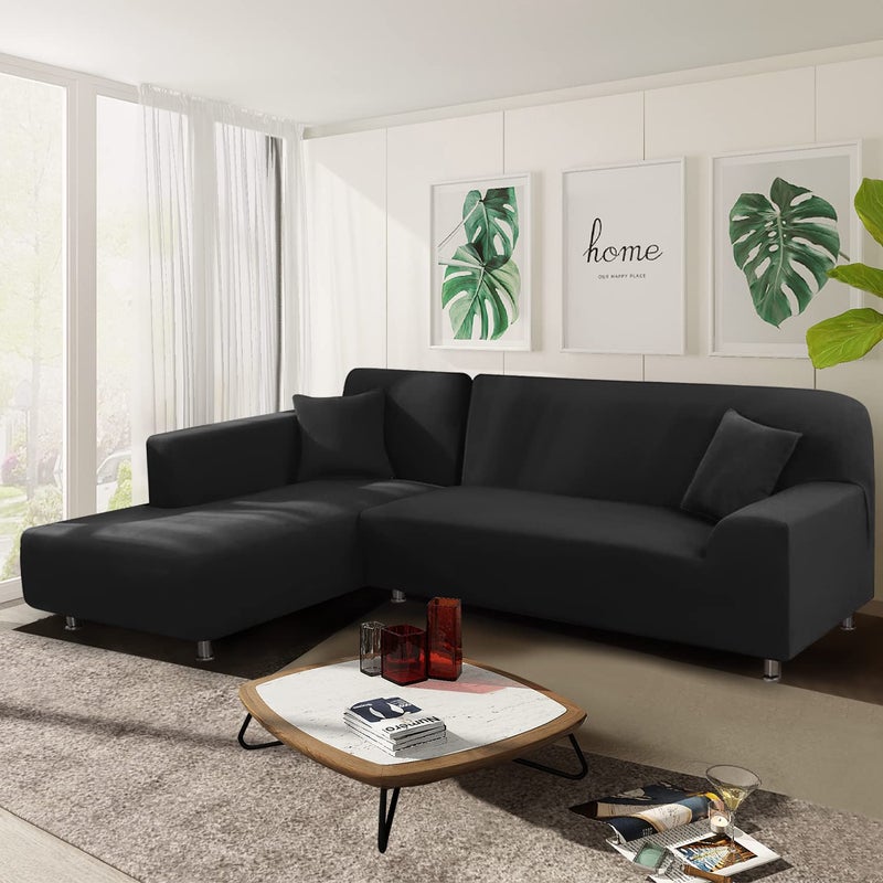 NAISI Couch Cover L Shape 2 Pieces Sofa Cover Soft Stretch Slipcovers with 2pcs Pillowcases Furniture Protector Sectional Couch Covers 3 Seater + 3 Seater(Black) - Image 2