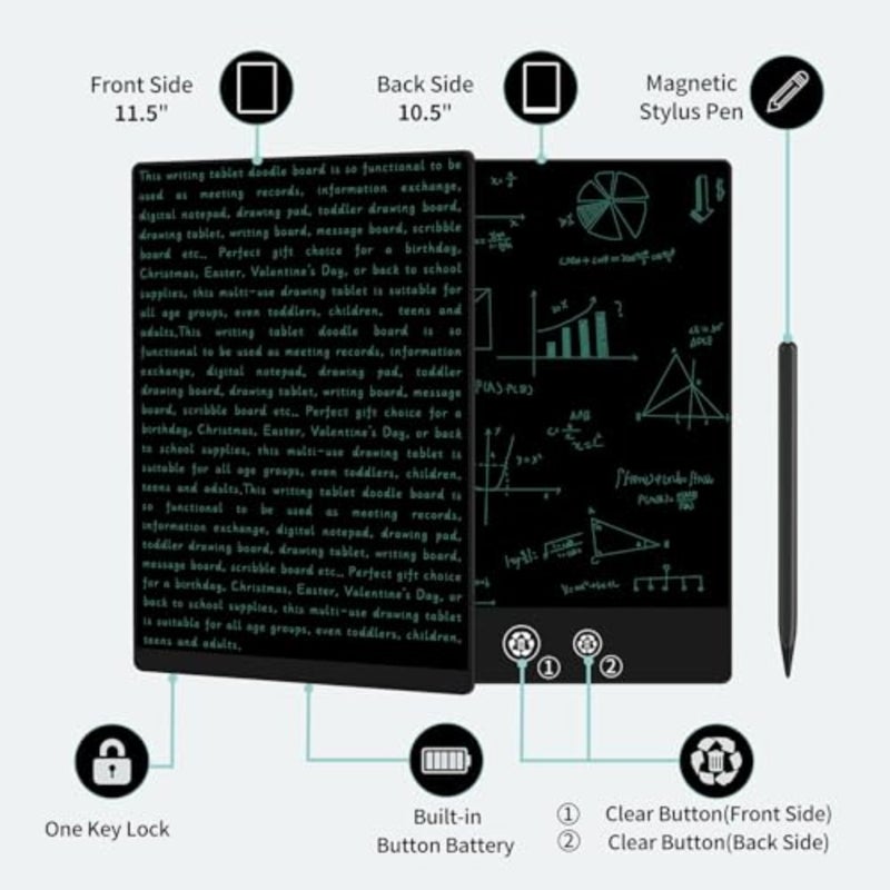 تابلت كتابة LCD للبالغين: مفكرة رقمية قابلة لإعادة الاستخدام مزدوجة الجوانب مقاس 11.5 بوصة، لوحة رسم محمولة كاملة الشاشة مع قلم مغناطيسي، جسم بلاستيكي أسود، سطح كتابة أملس، مثالي للاستخدام في المنزل/المدرسة/المكتب - Image 5