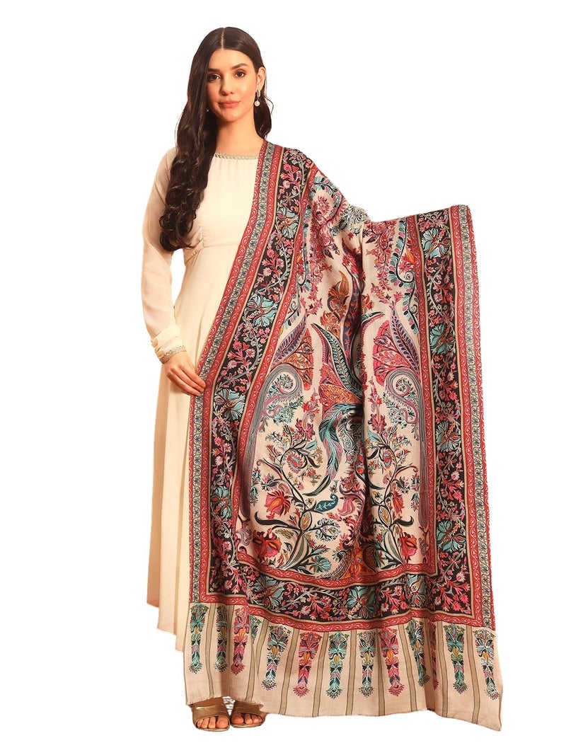 Pashmoda Women Rangkalam 100% Pure Wool Fabric Kalamkari Embroidered Shawl (Size: 40x80in, 101x203cm) KAS21 - Image 1