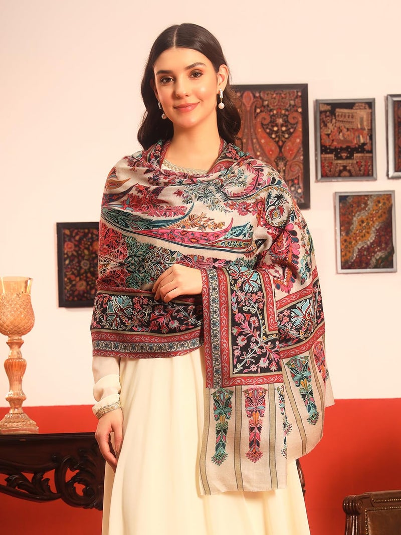 Pashmoda Women Rangkalam 100% Pure Wool Fabric Kalamkari Embroidered Shawl (Size: 40x80in, 101x203cm) KAS21 - Image 4