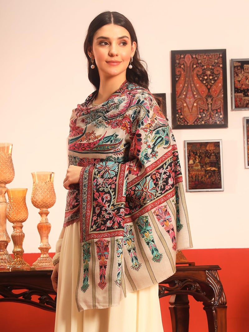 Pashmoda Women Rangkalam 100% Pure Wool Fabric Kalamkari Embroidered Shawl (Size: 40x80in, 101x203cm) KAS21 - Image 5