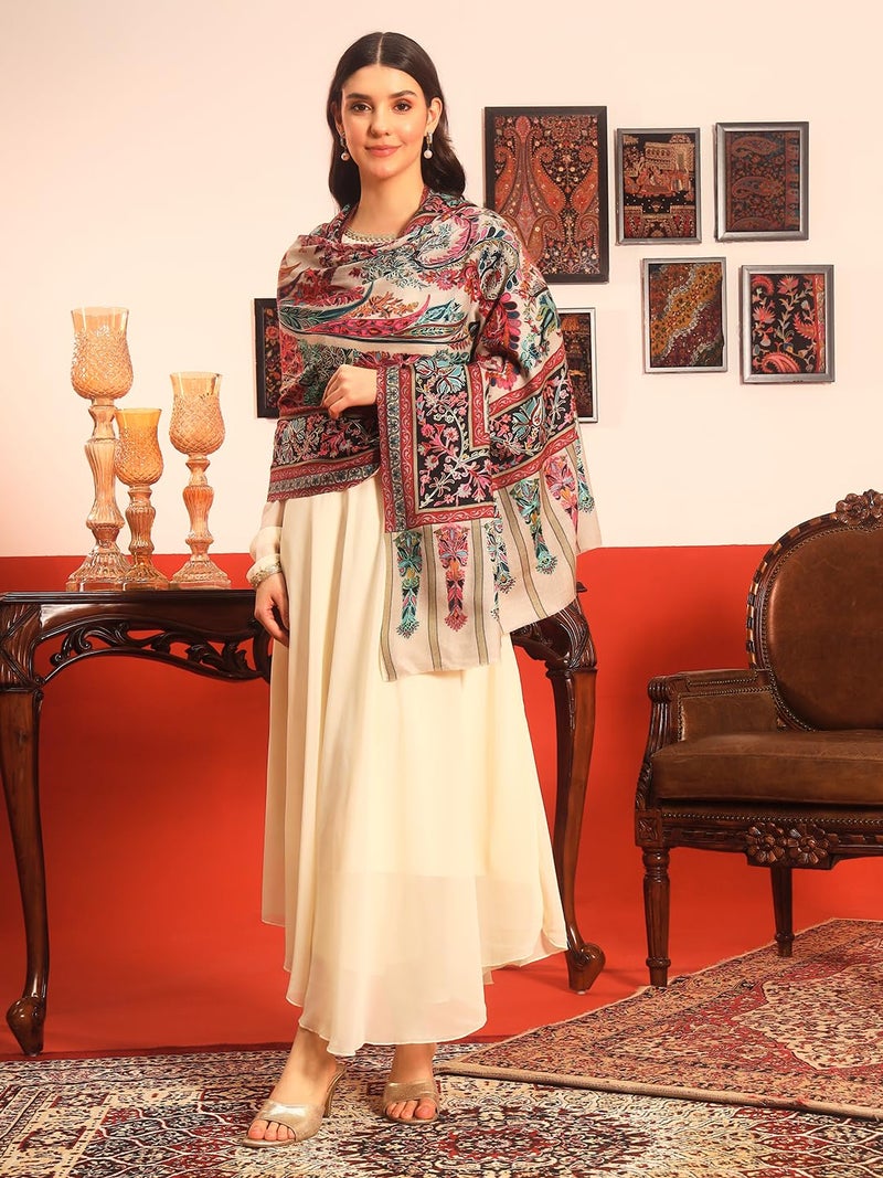 Pashmoda Women Rangkalam 100% Pure Wool Fabric Kalamkari Embroidered Shawl (Size: 40x80in, 101x203cm) KAS21 - Image 3
