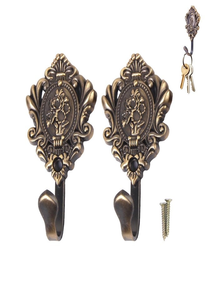 يافيجي خطافات جدارية عتيقة من قطعتين من YAFIYGI لربط الستائر، بنقشة وردة برونزية، خطافات ذهبية مزخرفة مع براغي، خطافات صغيرة عتيقة الطراز لتعليق ربطات الستائر، مناسبة لتزيين جدران غرف النوم والحمامات - Image 1