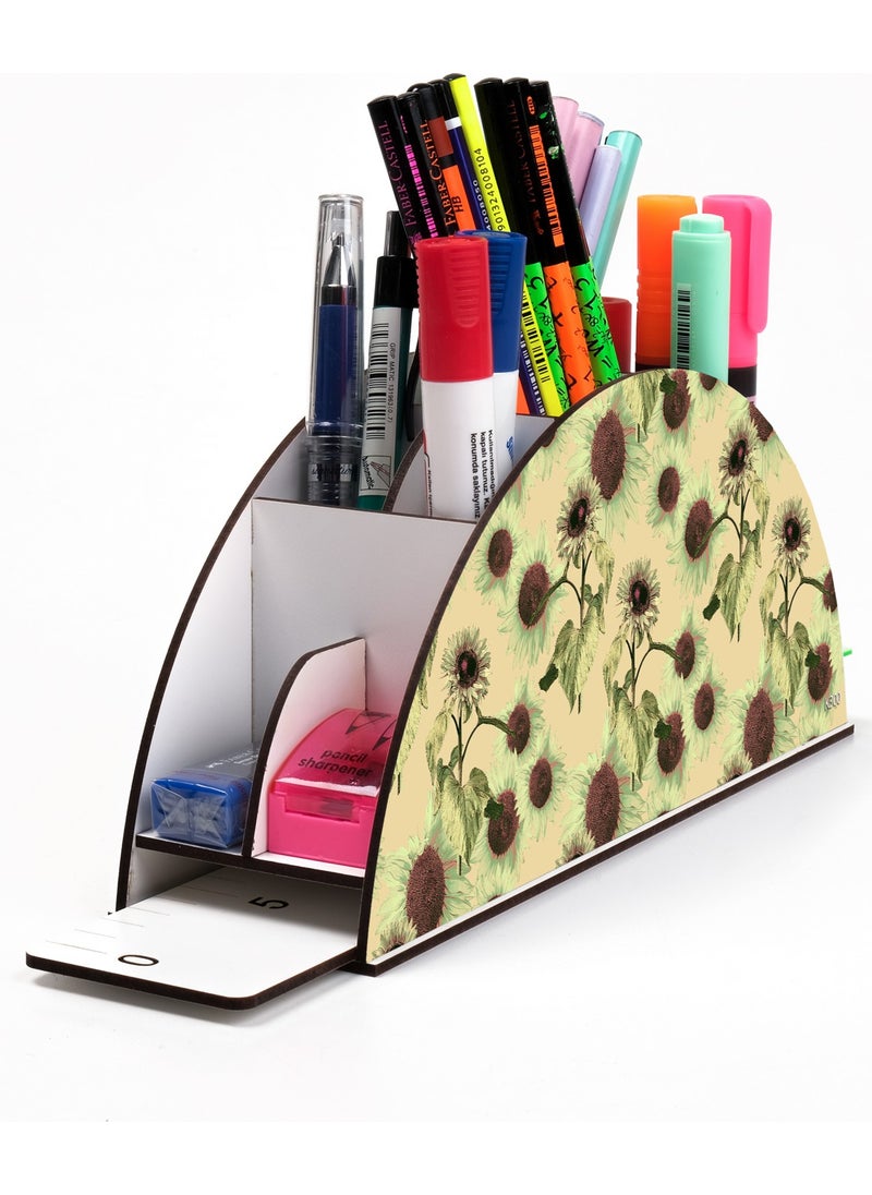 KutuTR Wooden Vip Plant Series Rainbow Ruler Desktop Pen Holder Organizer with Mounted Box  - Image 1