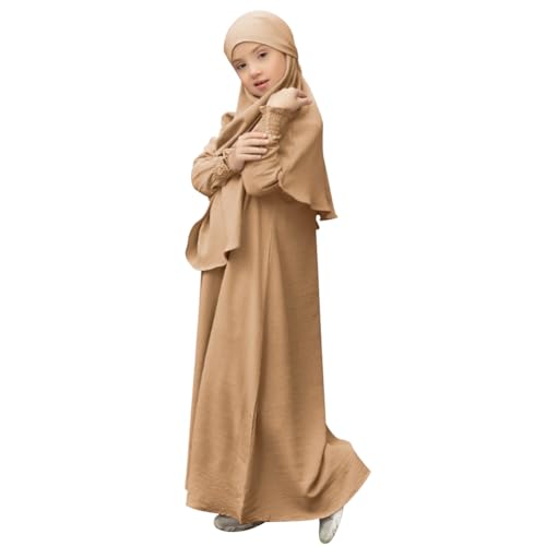 OBEEII Girls Abaya Muslim Long Sleeve Prayer Dress Toddler Ramadan Kaftan Abaya with Hijab Islamic Full Cover Clothing Arabic Eid Middle East Robes Dubai Jilbab Wedding Guest Gown Khaki 78 Years - Image 1