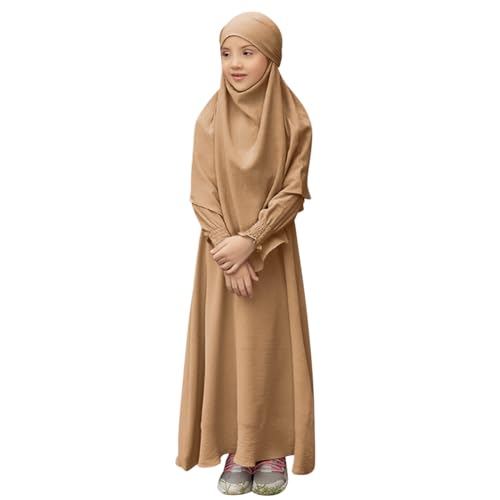 OBEEII Girls Abaya Muslim Long Sleeve Prayer Dress Toddler Ramadan Kaftan Abaya with Hijab Islamic Full Cover Clothing Arabic Eid Middle East Robes Dubai Jilbab Wedding Guest Gown Khaki 78 Years - Image 3