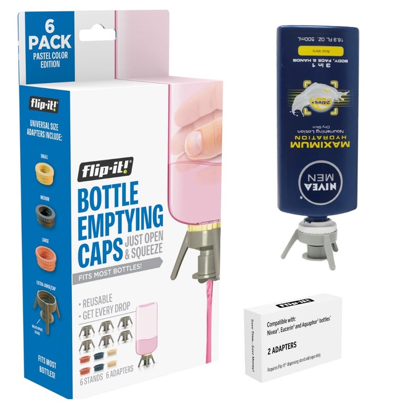FlipIt Universal Bottle Emptying Kit  Flip Bottle Upside Down to Get Every Drop Out Extra adapters Included to fit Nivea Eucerin and Aquaphor Bottles 6 Stands Pastel Color Edition