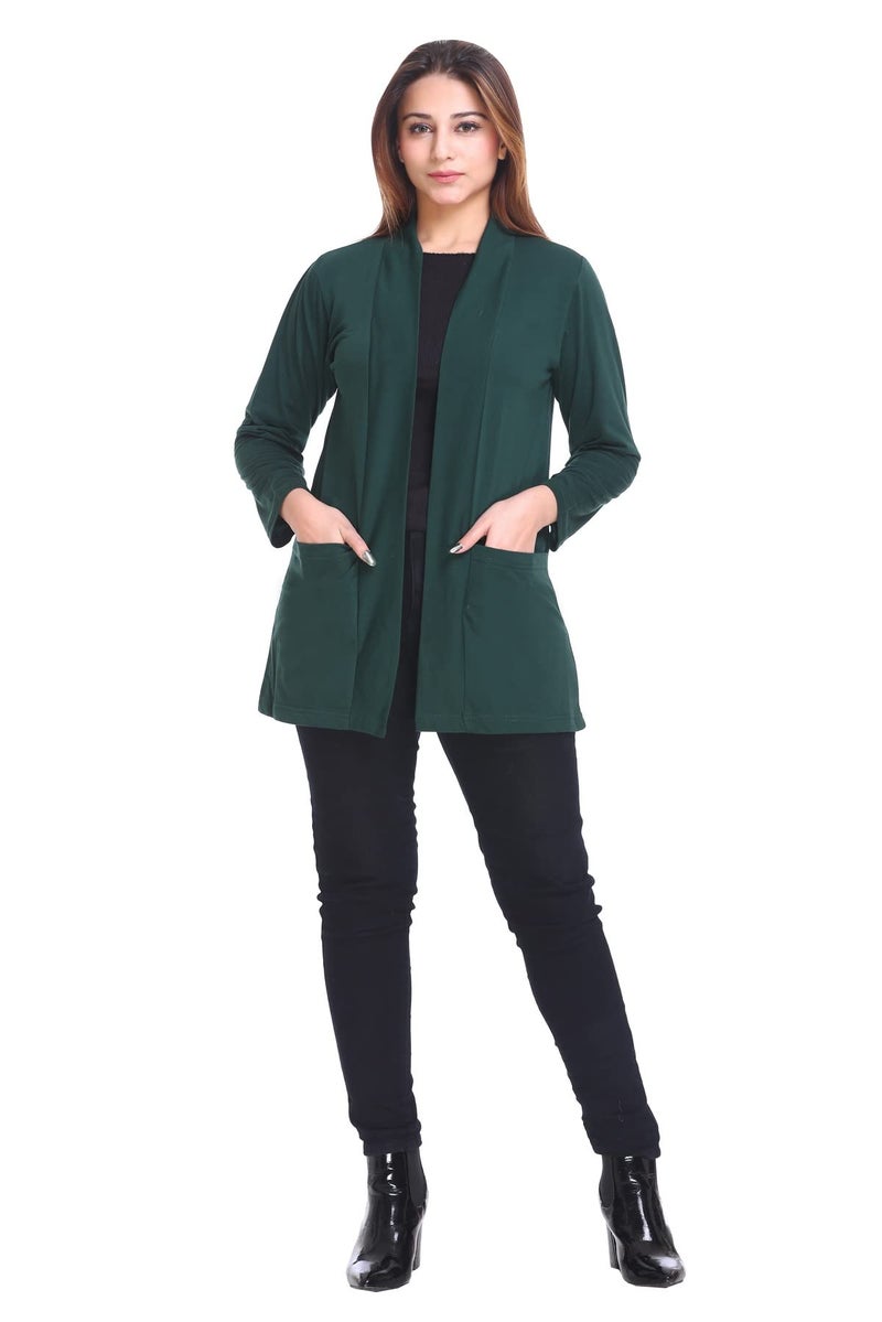 Plush Women's Cotton Waterfall Front Open Regular Shawl Collared Mid Length Shurgs|Girls/Ladies Shrug with Front Pockets (PWT-15) (Bottle Green, Large) - Image 3