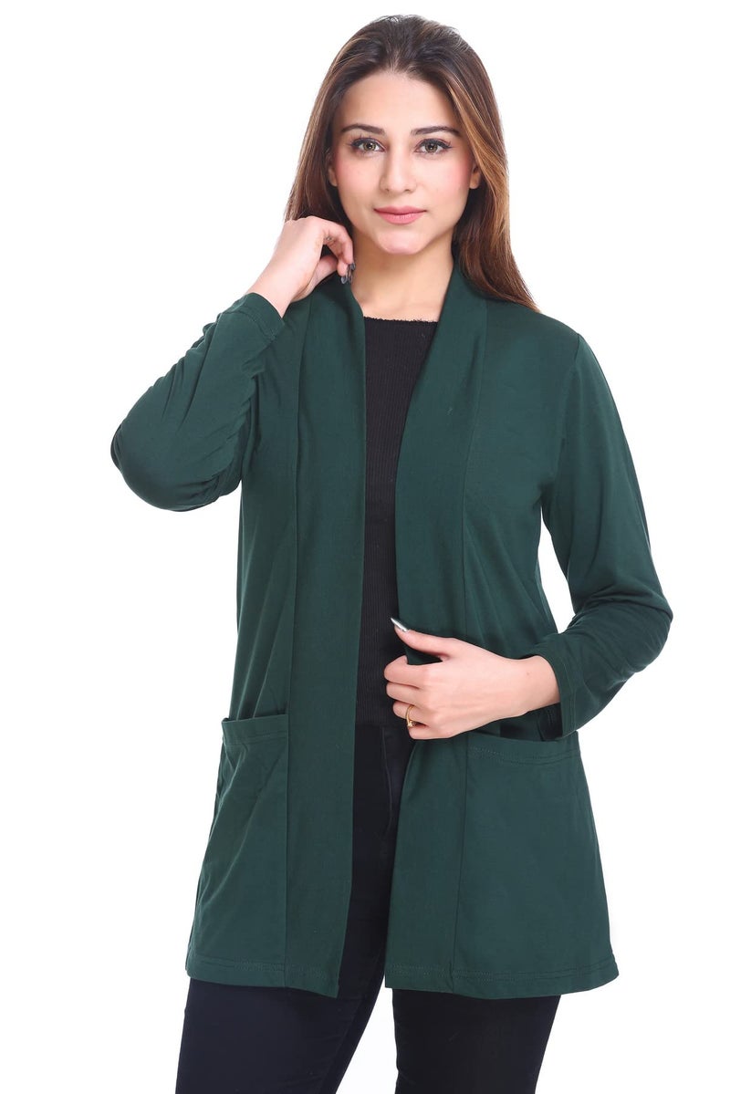 Plush Women's Cotton Waterfall Front Open Regular Shawl Collared Mid Length Shurgs|Girls/Ladies Shrug with Front Pockets (PWT-15) (Bottle Green, Large) - Image 1