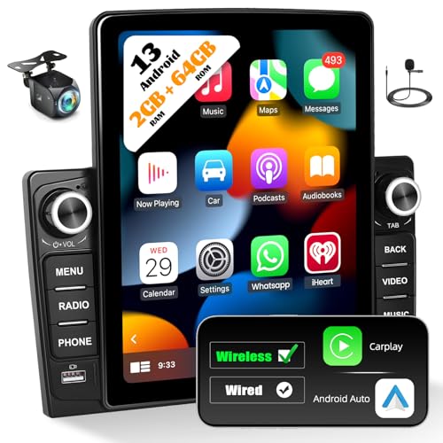 AMprime [2+64G] AMprime Android 13 Double Din Car Stereo with Carplay&Android Auto, 9.5'' Vertical Touch Screen Car Radio with Mirror Link GPS WiFi FM/RDS Bluetooth USB Music/Fast Charging+Backup Camera - Image 1