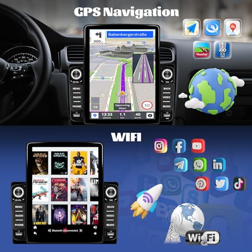 AMprime [2+64G] AMprime Android 13 Double Din Car Stereo with Carplay&Android Auto, 9.5'' Vertical Touch Screen Car Radio with Mirror Link GPS WiFi FM/RDS Bluetooth USB Music/Fast Charging+Backup Camera - Image 3