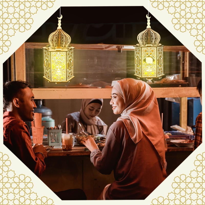 Rossesay 9 Pcs Eid Decorations Ramadan Lanterns with LED Lights Moon Hollow Eid Plaque Set Eid Mubarak Table Decor Muslim Wooden Hanging Lantern Night Light for Ramadan Kareem Party Decorations - Image 5