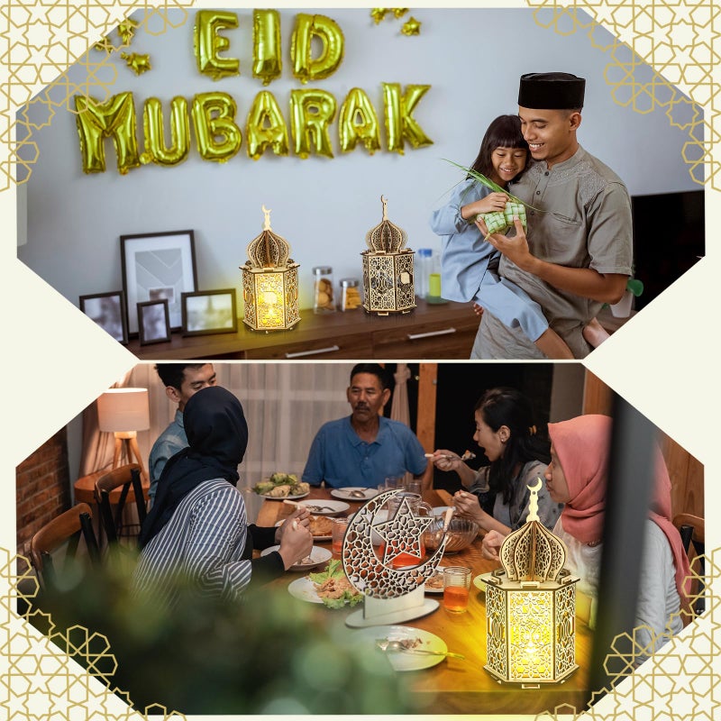 Rossesay 9 Pcs Eid Decorations Ramadan Lanterns with LED Lights Moon Hollow Eid Plaque Set Eid Mubarak Table Decor Muslim Wooden Hanging Lantern Night Light for Ramadan Kareem Party Decorations - Image 4