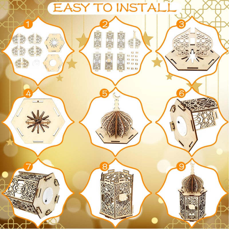 Rossesay 9 Pcs Eid Decorations Ramadan Lanterns with LED Lights Moon Hollow Eid Plaque Set Eid Mubarak Table Decor Muslim Wooden Hanging Lantern Night Light for Ramadan Kareem Party Decorations - Image 3