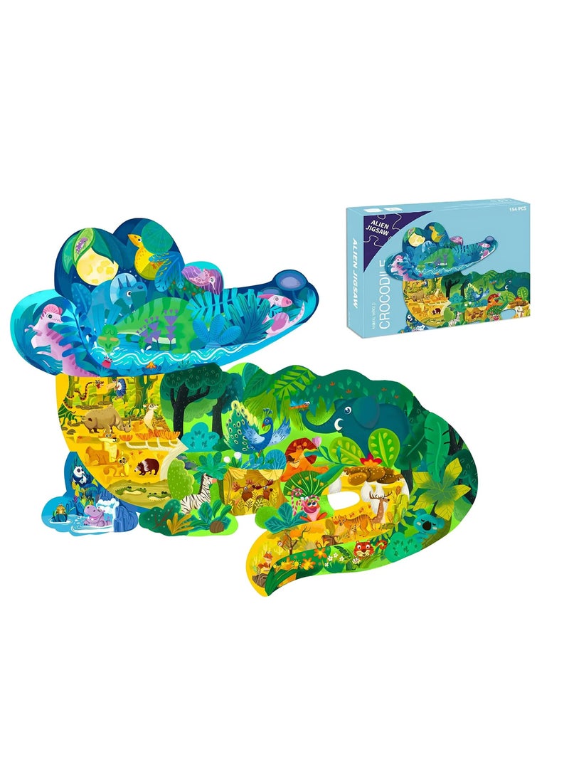 CMGTYYD. ألغاز الصور المقطوعة للأطفال من سن 3-5، 6-8، 8-10، ألغاز الأطفال الملونة الممتعة على شكل حيوانات، ألعاب تعليمية تعليمية وألعاب هدايا تعليمية للأولاد والبنات (تمساح - 154 قطعة) - Image 1