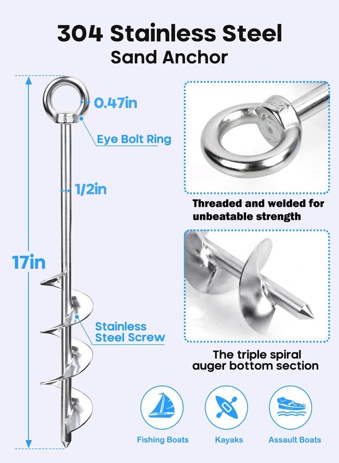 Abimars 17" Sand Anchor Kit, 304 Stainless Steel Triple Spiral Auger Boat Anchor for Beach and Sandbar, Ideal for Watercraft Up to 25' - Image 2