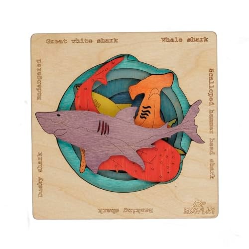 EKOPLAY Endangered Sharks Multilayered Wooden Jigsaw Puzzles for Kids Hammerhead Great White Whale Dusky Basking Learning Toy Gift for Boys Girls Ages 3 Years and Above - Image 1