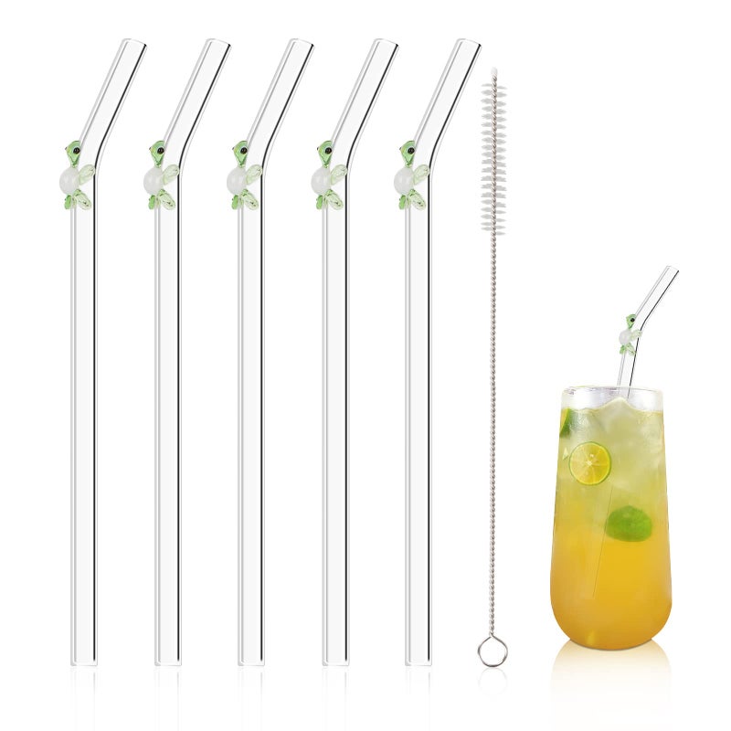 Olpchee 5 Pcs Reusable Straws Clear Glass Straws Colorful Turtle Design Size 7.8"" X 8Mm With 1 Cleaning Brush For Smoothies Milkshakes Juices Teas (Green) - Image 1