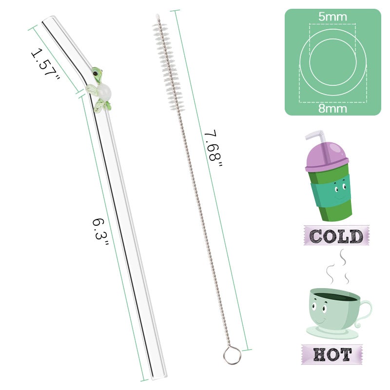 Olpchee 5 Pcs Reusable Straws Clear Glass Straws Colorful Turtle Design Size 7.8"" X 8Mm With 1 Cleaning Brush For Smoothies Milkshakes Juices Teas (Green) - Image 5