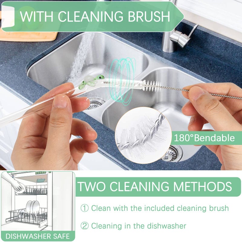 Olpchee 5 Pcs Reusable Straws Clear Glass Straws Colorful Turtle Design Size 7.8"" X 8Mm With 1 Cleaning Brush For Smoothies Milkshakes Juices Teas (Green) - Image 4