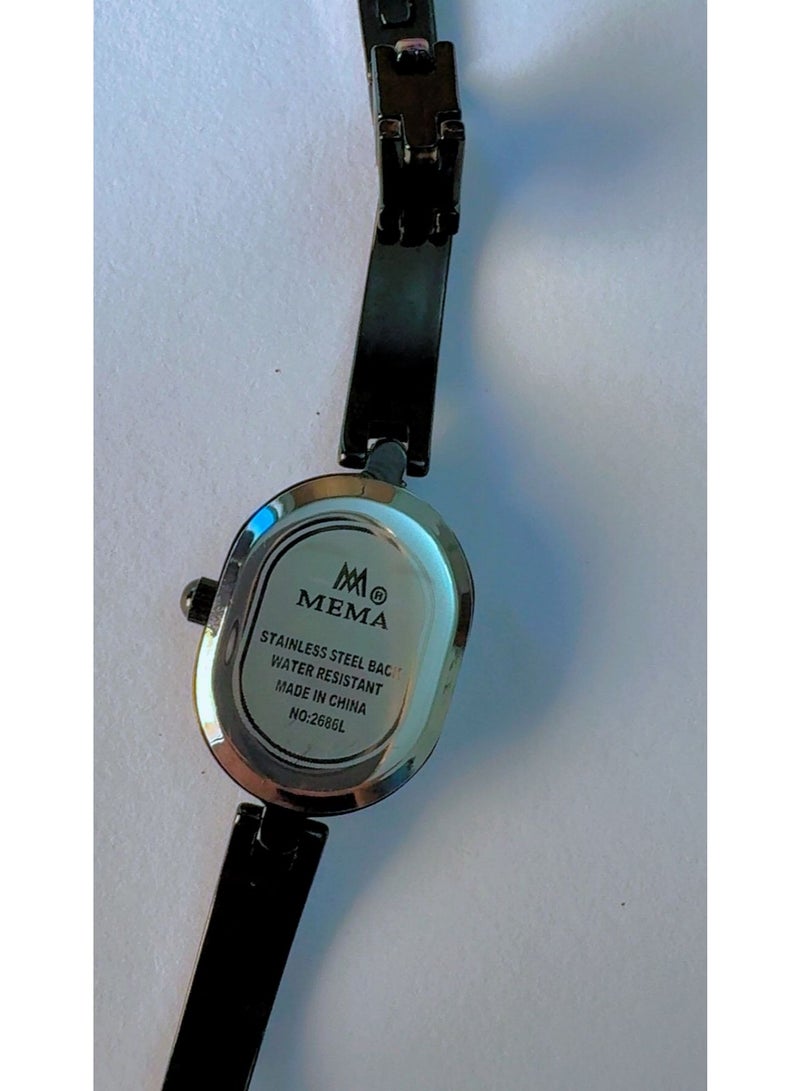 MEMA Women's Black and Gold Oval Dial Watch with Rhinestone Bezel and Black Metal Link Strap - Image 5
