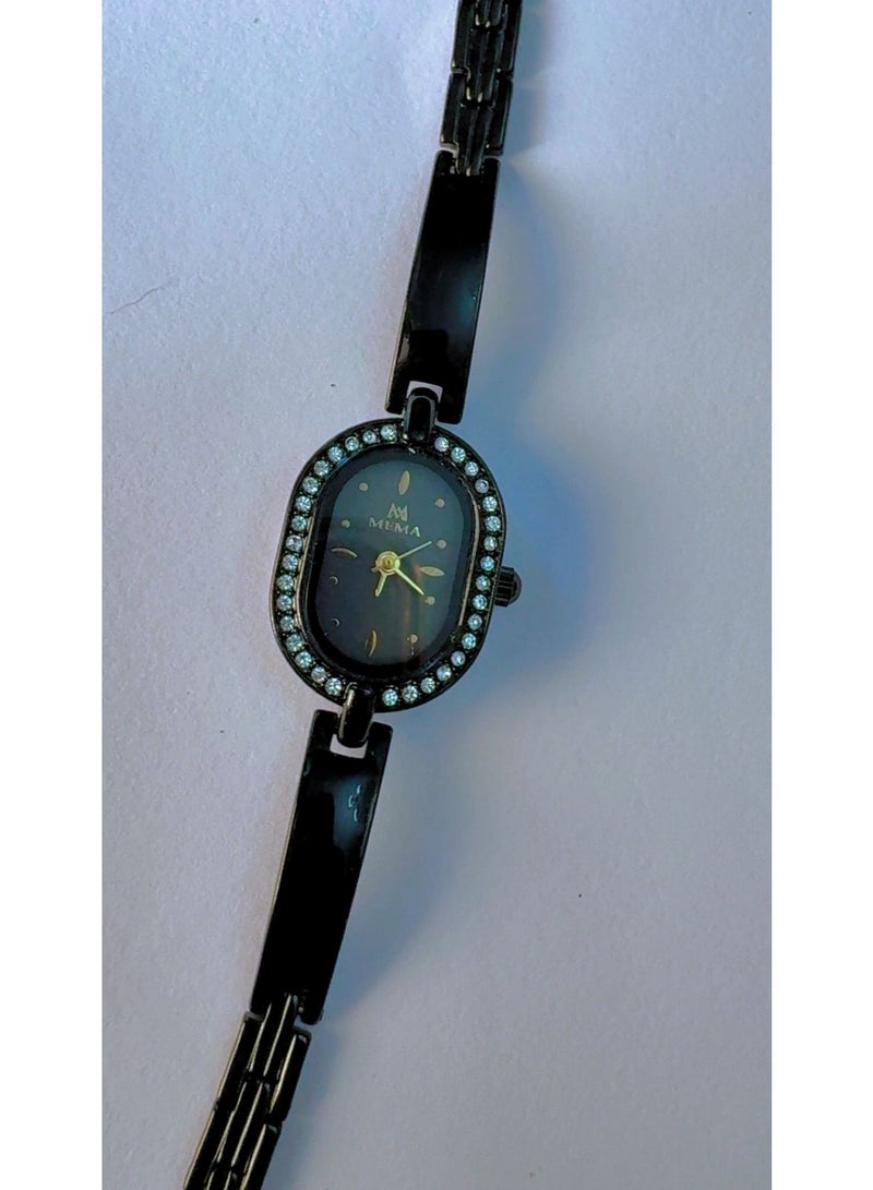 MEMA Women's Black and Gold Oval Dial Watch with Rhinestone Bezel and Black Metal Link Strap - Image 4