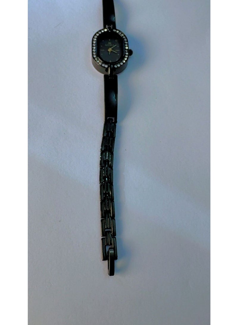 MEMA Women's Black and Gold Oval Dial Watch with Rhinestone Bezel and Black Metal Link Strap - Image 2