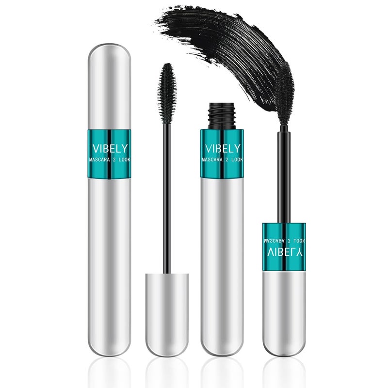 Vibely 2 in 1 Mascara 5x Longer Waterproof Lash Cosmetics Natural Lengthening and Thickening Effect No Clumping Superstrong Magic 4d Silk Fiber for Vibely Mascara Makeup - Image 1