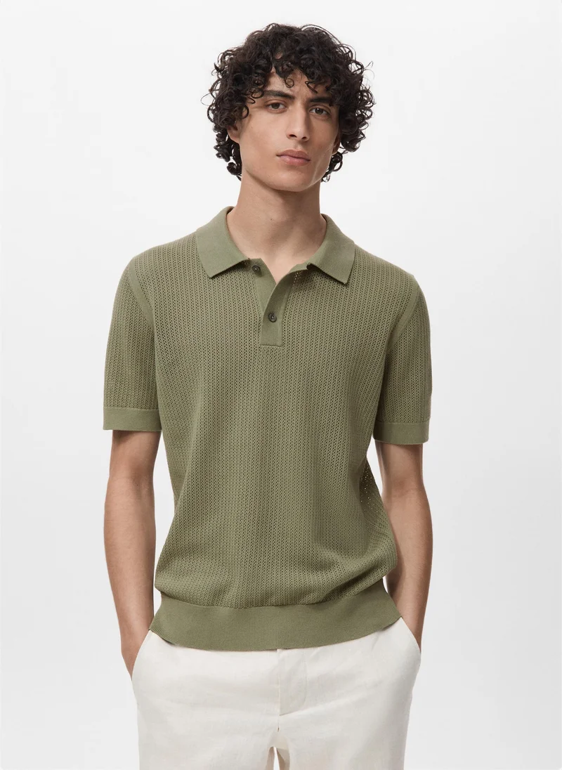 Mango Man Openwork knitted cotton polo shirt