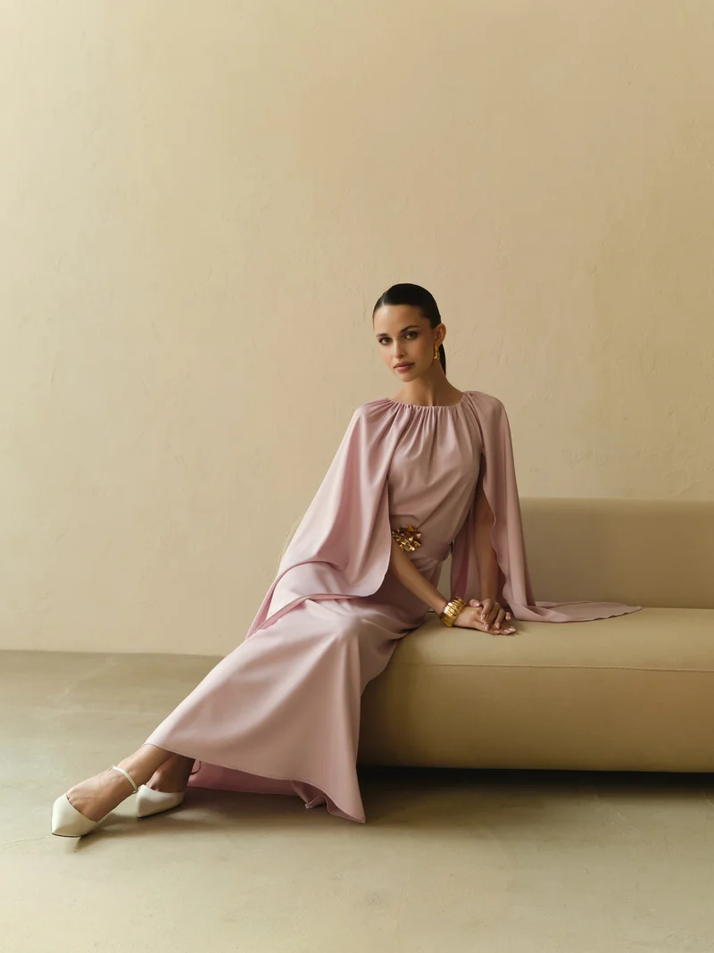 Lichi  Loose maxi dress with a cape and matching belt for Women | Best Price UAE