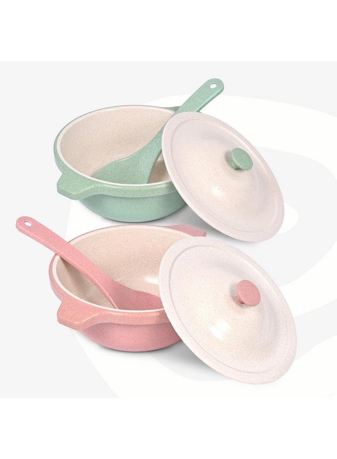 Eha Earth Friendly Serving Bowls with Lid | Microwave Safe | Made with Rice Husk and Bamboo Fibers | 1250 ml Each | Set of 2 | Innocent-Celeste Pink & Green - Image 1
