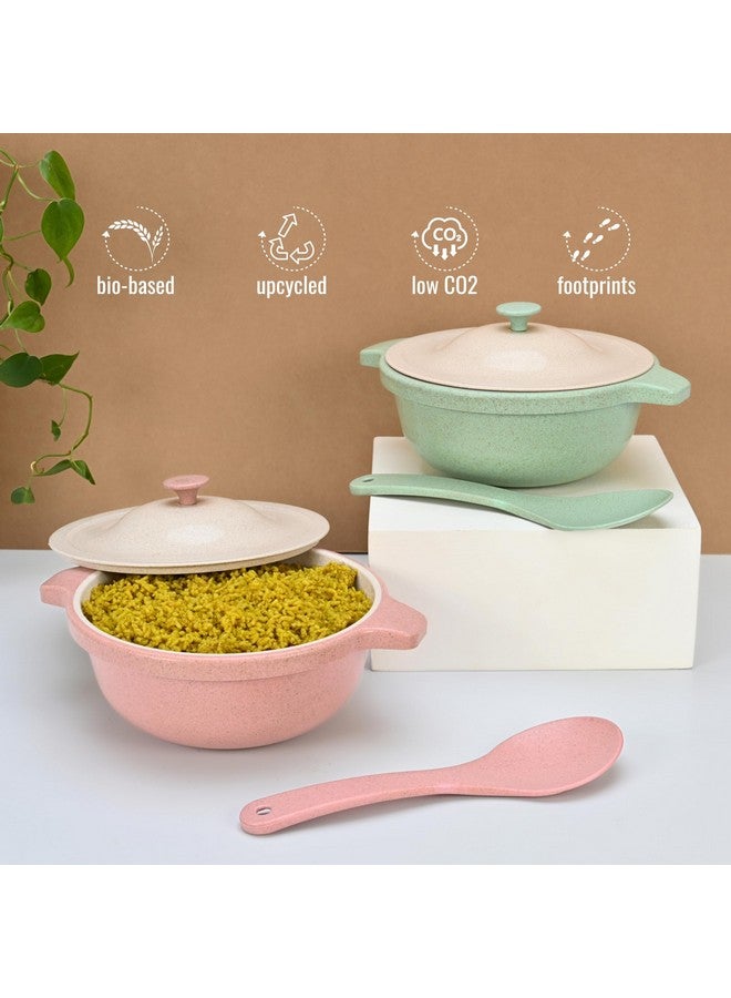 Eha Earth Friendly Serving Bowls with Lid | Microwave Safe | Made with Rice Husk and Bamboo Fibers | 1250 ml Each | Set of 2 | Innocent-Celeste Pink & Green - Image 2