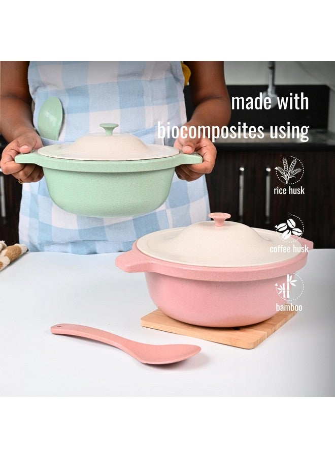 Eha Earth Friendly Serving Bowls with Lid | Microwave Safe | Made with Rice Husk and Bamboo Fibers | 1250 ml Each | Set of 2 | Innocent-Celeste Pink & Green - Image 4