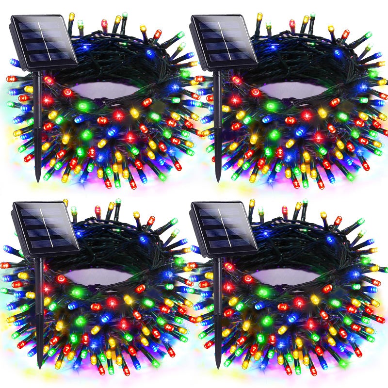 EXF 4pk MultiColored Solar Christmas Lights Outdoor Waterproof 400 LED 132 FT Solar Powered LED String Lights Green Wire with 8 Modes Solar Fairy Lights for Xmas Tree Party Wedding Garden Decorations