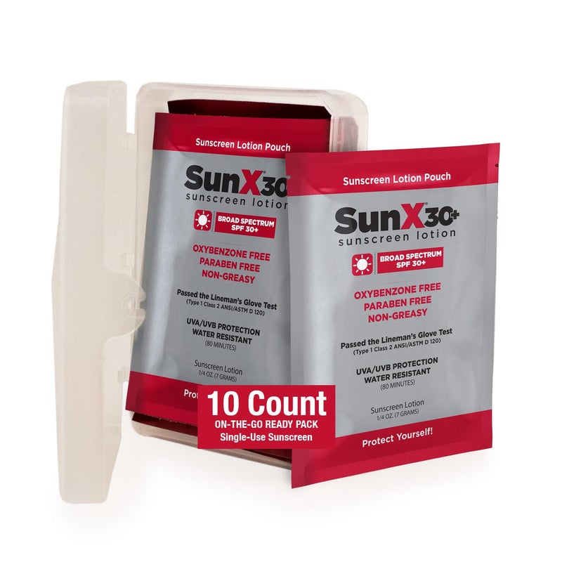 CoreTex Sun X 30+ SPF Broad Spectrum Sunscreen Packets w/Carrying Case - Pack of 10 Paraben, Oxybenzone, Octinoxate, & Oil Free Sunscreen - No White Cast and Water & Sweat Resistant Up to 80 Minutes