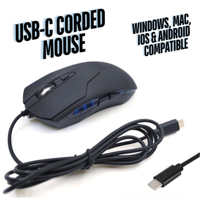 CBUS Wired USB C Mouse, 6-Button Quiet Click Computer Mouse - 4 DPI Speeds, Ergonomic, LED Backlight - Compatible with Mac, Chromebook, HP, DELL XPS, ASUS, Surface, Silent Gaming Mouse Type-C Wired - Image 2