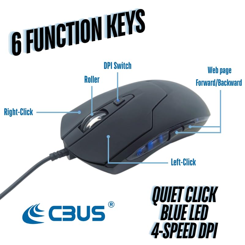 CBUS Wired USB C Mouse, 6-Button Quiet Click Computer Mouse - 4 DPI Speeds, Ergonomic, LED Backlight - Compatible with Mac, Chromebook, HP, DELL XPS, ASUS, Surface, Silent Gaming Mouse Type-C Wired - Image 3