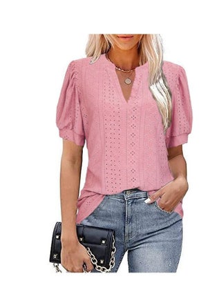 Summer Casual V-Neck Solid Color Hollowed Out Bubble Sleeve Loose T-Shirt - pzsku/Z402F892A0581CB26406AZ/45/_/1681700473/e4f93121-effe-489c-b6e0-e0441ec40c23