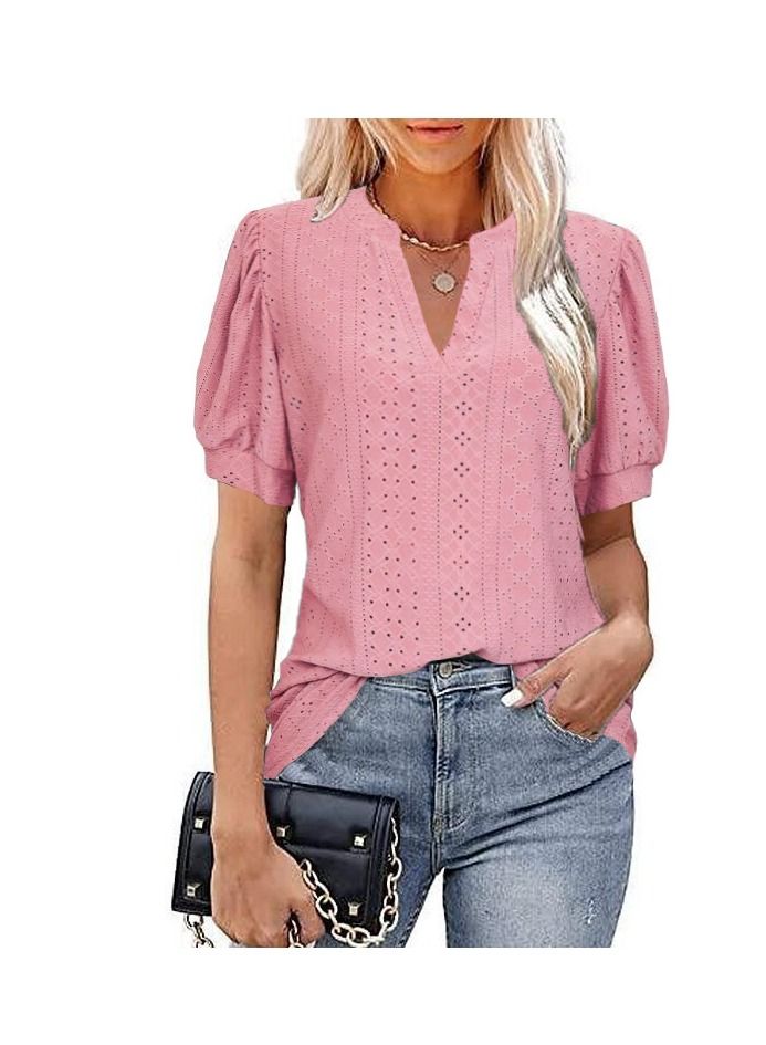 Summer Casual V-Neck Solid Color Hollowed Out Bubble Sleeve Loose T-Shirt