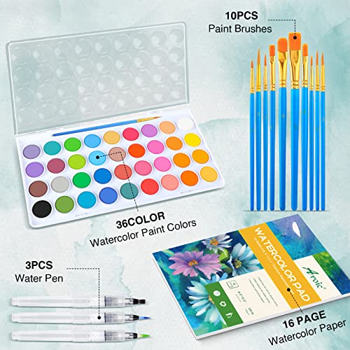 AROIC 65 Pieces Watercolor Paint Set,36 Colors Watercolor,10 Brushes,3 Refillable Water Brush Pens,16 Page Pad(8.5 * 5.5in),Profesional Watercolor Kit for Kids, Adults, Beginners - Image 2