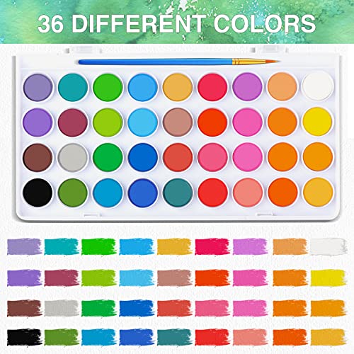 AROIC 65 Pieces Watercolor Paint Set,36 Colors Watercolor,10 Brushes,3 Refillable Water Brush Pens,16 Page Pad(8.5 * 5.5in),Profesional Watercolor Kit for Kids, Adults, Beginners - Image 3