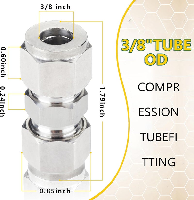 Yoebor Metalwork 304 Stainless Steel Compression Tube Fitting, Union, 3/8" OD x 3/8" OD (2 Pcs) - Image 2