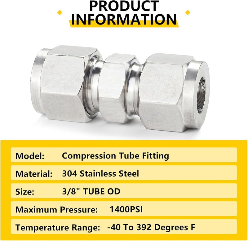 Yoebor Metalwork 304 Stainless Steel Compression Tube Fitting, Union, 3/8" OD x 3/8" OD (2 Pcs) - Image 3