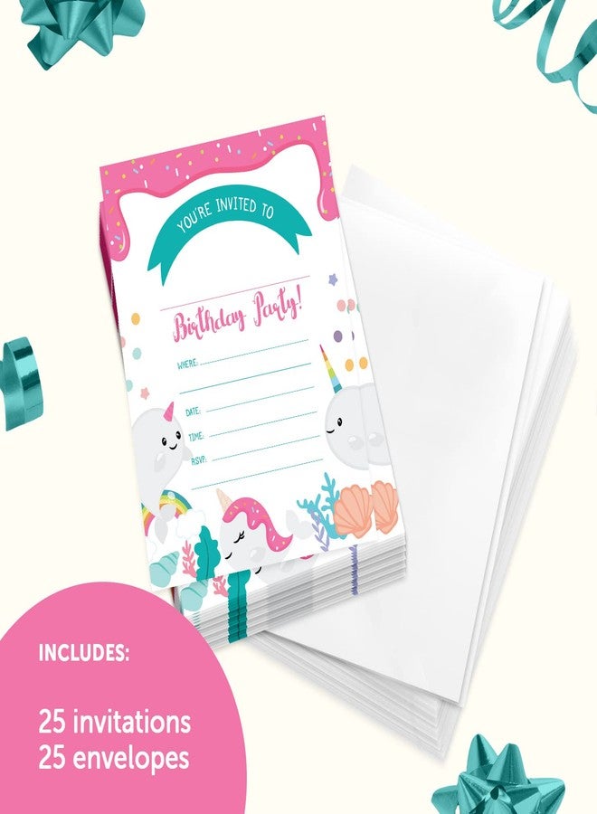 Desert Cactus Narwhals Happy Birthday Invitations Invite Cards (25 Count) With Envelopes Boys Girls Kids Party (25ct) - Image 2