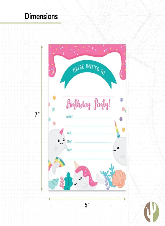 Desert Cactus Narwhals Happy Birthday Invitations Invite Cards (25 Count) With Envelopes Boys Girls Kids Party (25ct) - Image 3