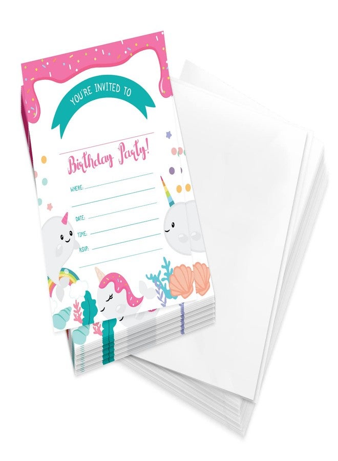 Desert Cactus Narwhals Happy Birthday Invitations Invite Cards (25 Count) With Envelopes Boys Girls Kids Party (25ct) - Image 1