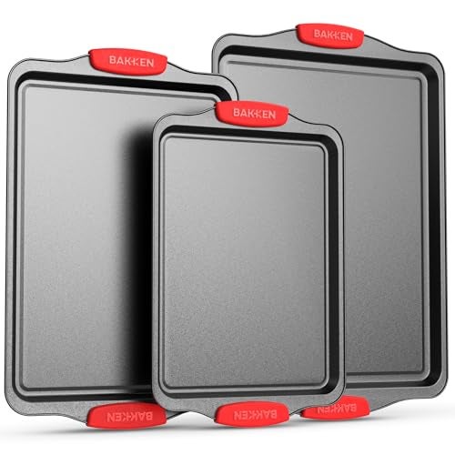 Baking Pan Set  3 Piece Cookie Sheet  Deluxe Black NonStick Carbon Steel  Silicone Handles  Commercial Grade Restaurant Quality  PFOA PFOS and PTFE Free by Bakken