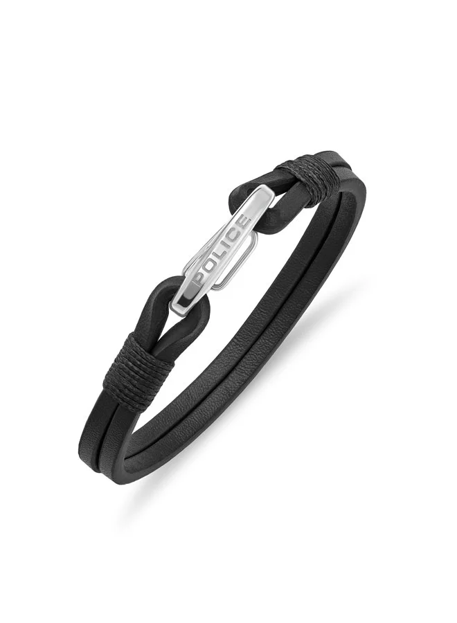 بوليس POLICE Wishbone Bracelet - Double Row Black Leather with Hook Closure - Rugged Men's Style