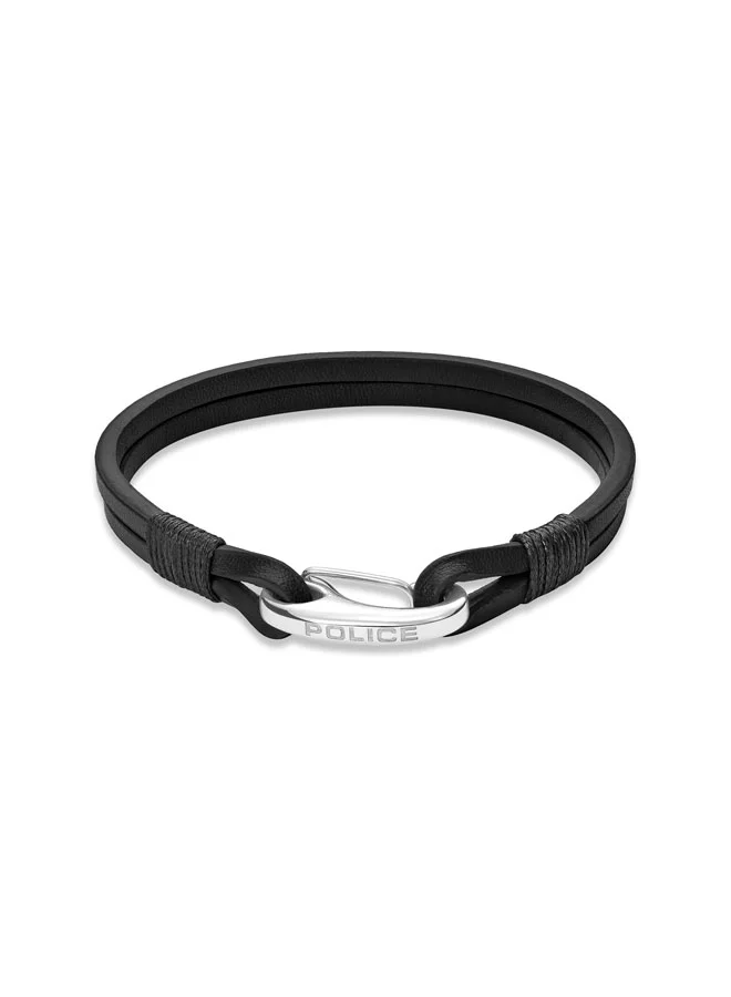 بوليس POLICE Wishbone Bracelet - Double Row Black Leather with Hook Closure - Rugged Men's Style