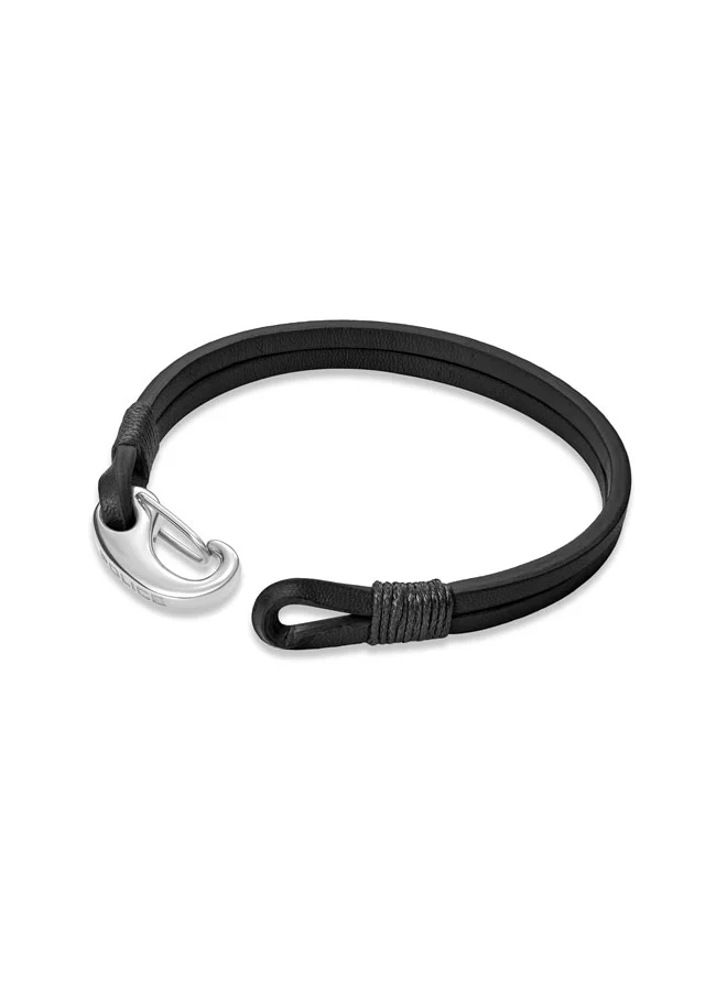 بوليس POLICE Wishbone Bracelet - Double Row Black Leather with Hook Closure - Rugged Men's Style